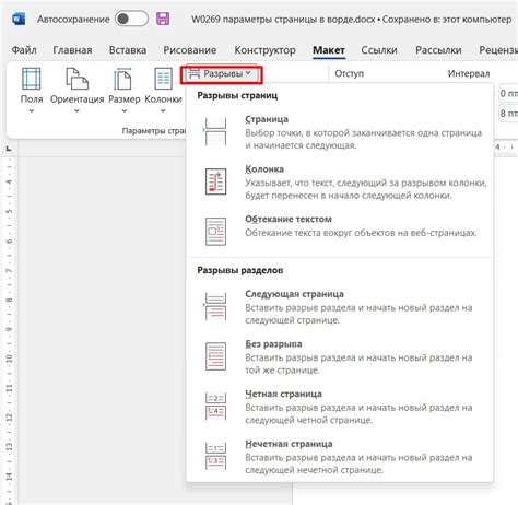 Дополнительные параметры при создании страницы в Word 2010