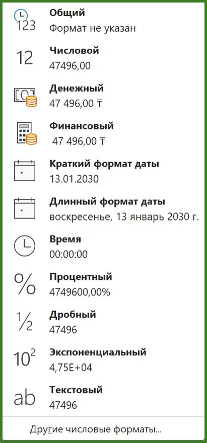 Использование стандартных форматов в Excel