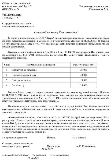 Подготовка к извещению о прекращении трудового договора